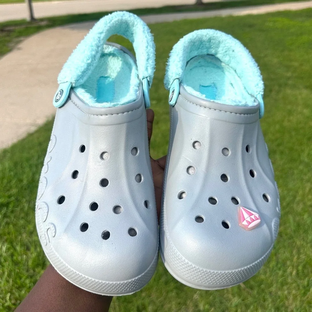 Crocs Adult Baya Lined Fuzzy Strap Clogs Size M11 Gray Aqua Blue Sandals